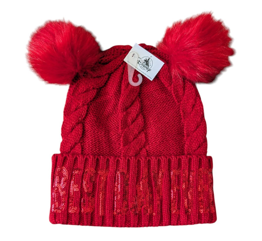 Disney Parks Red Pom Pom Minnie Ears Beanie New Best Day Ever Sequin Holiday